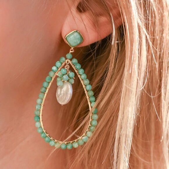 NEW Statement Chandelier Earrings Beaded Natural Amazonite Fresh Water Pearl 18K - Picture 2 of 12